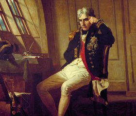 1854 painting by Charles Lucy of Nelson meditating in the cabin of HMS Victory before the Battle of Trafalgar