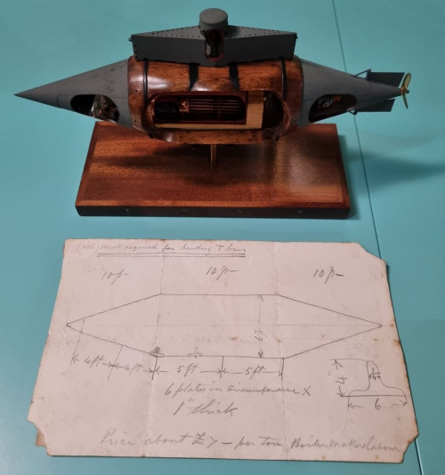 A model of Resurgam II (the second Resurgam prototype) and an original sketch by George Garrett circa 1879, on display at the Submarine Museum 