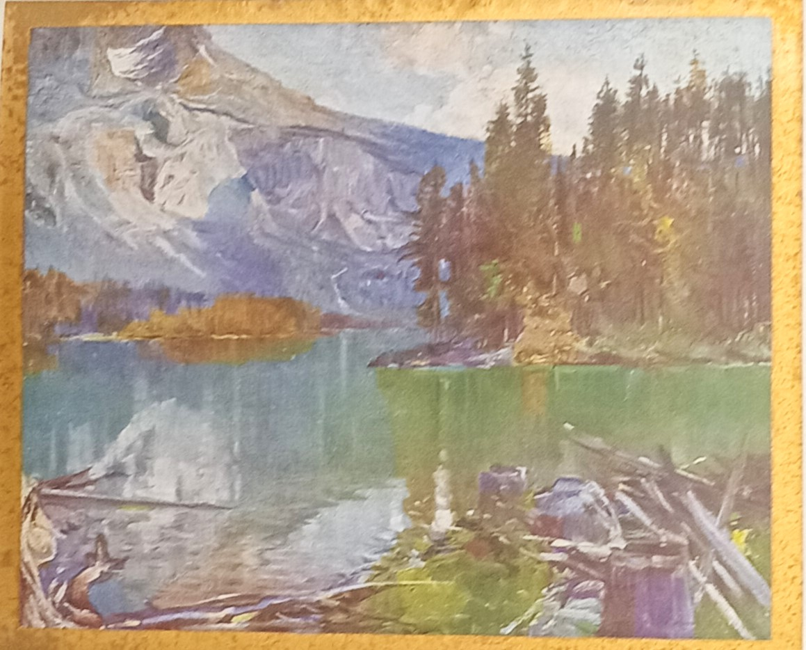 Hand-drawn picture of a lake next to a forest with a mountain in the background. 
