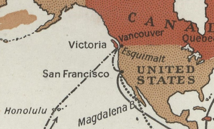 Map showing HMS Dauntless's route from Hawaii to Canada. 