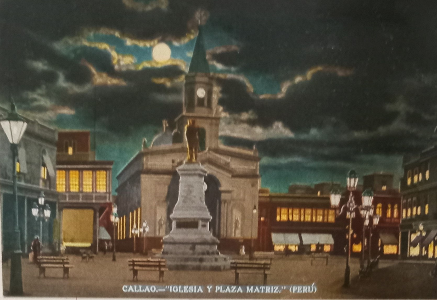 A plaza in Peru at night.