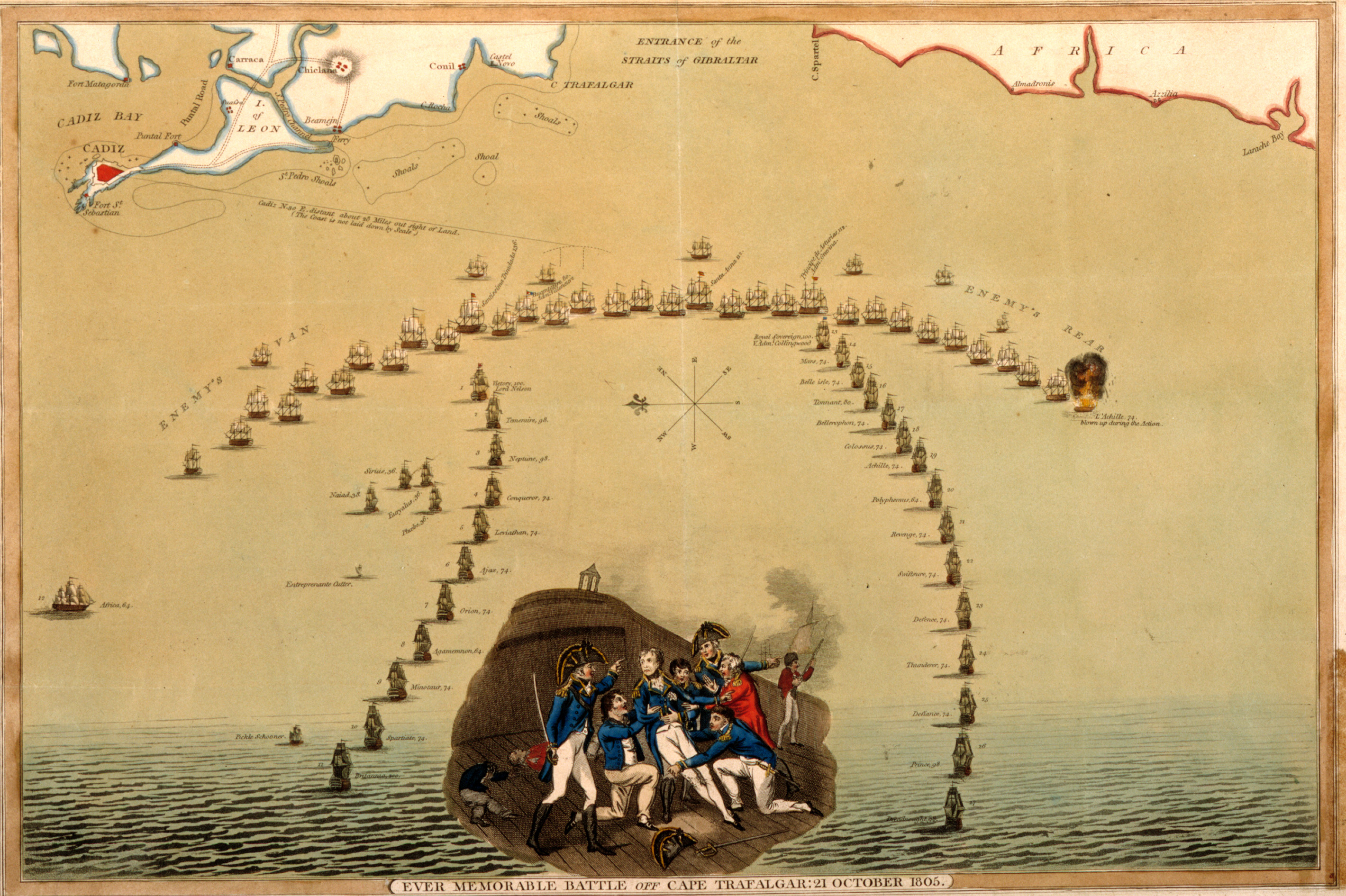 A drawn map of the Battle of Trafalgar, showcasing two lines of British ships cutting into the French and Spanish lines