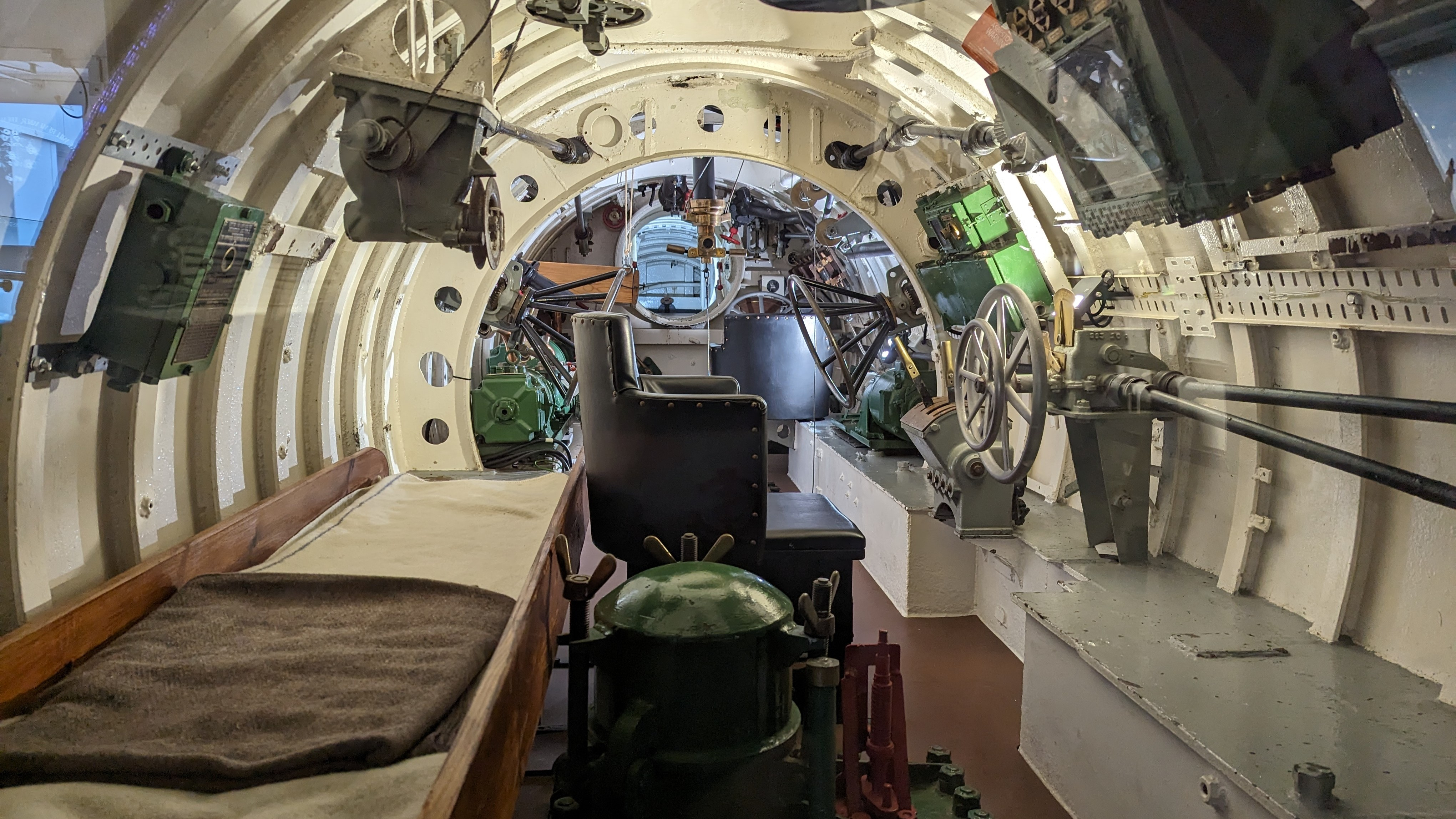 A view inside the Royal Navy submarine X24 showing the cramped living conditions