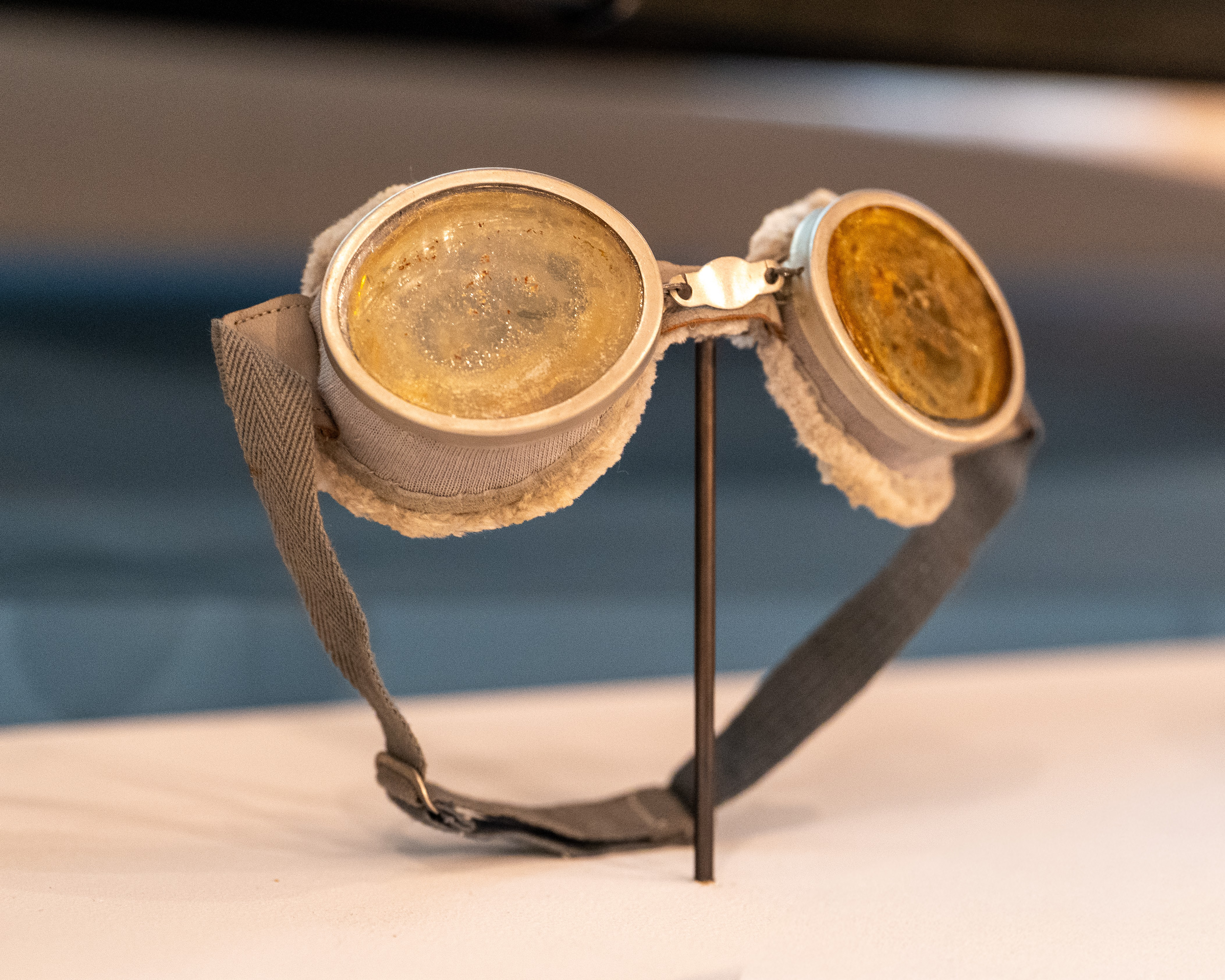 Vintage tinted goggles worn by Blondie Hasler during Operation Frankton, on display