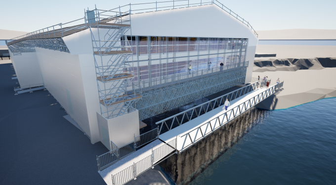 A 3D visualisation of the scaffolded stern of HMS Victory.
