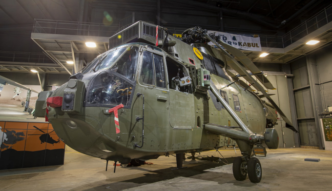 A helicopter on display at the Fleet Air Arm Museum. 