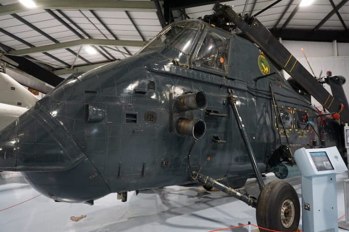 A helicopter on display at the Fleet Air Arm Museum. 