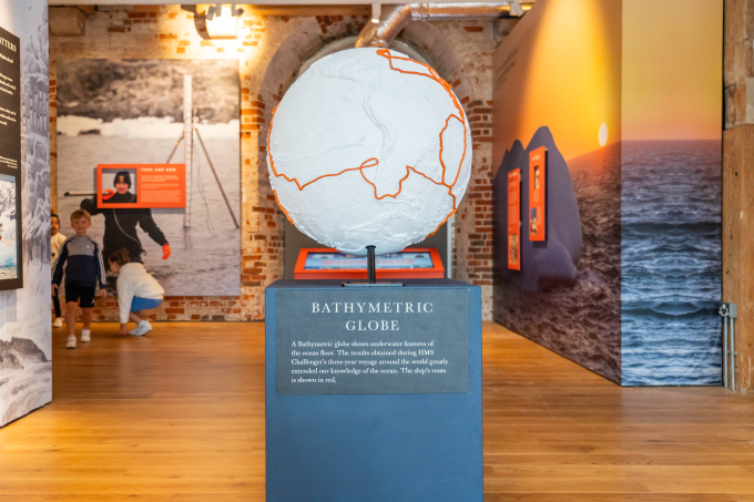 The Bathymetric Globe shows underwater features of the ocean floor. 