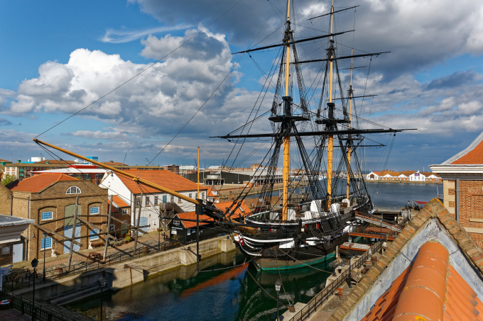 HMS Trincomalee at dock in the centre of our replica Georgian Quayside. 