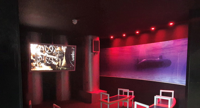 The cinema room showing short films at the Royal Navy Submarine Museum.