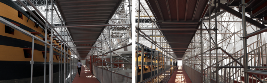 HMS Victory surrounded by protective scaffolding. 