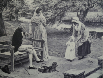 A black and white recreation of Nelson and Emma with a young Horatia in the garden of Melton Place. 