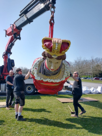 Contractors removing figurehead HMS Charlotte's figurehead in preparation for conservation.