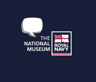The National Museum of the Royal Navy logo against a dark blue background with a white speech bubble. 