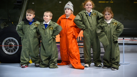 School children dressed up as naval aviation crew at the Fleet Air Museum.