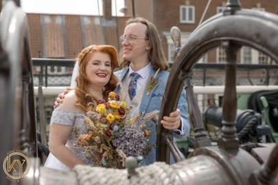 Wedding couple on HMS Trincomalee.