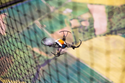 A drone flying outside the Fleet Air Arm Museum.