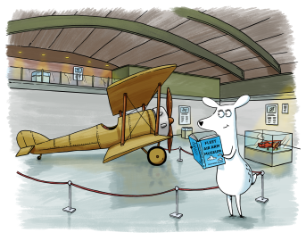 Luna the Explorer character stands in a Fleet Air Arm Museum hangar, holding a guidebook beside a vintage biplane.