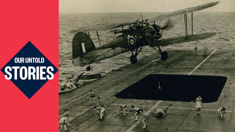A historic image of an aircraft flying from a carrier