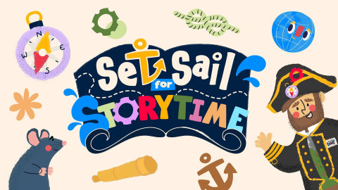"Set Sail for Storytime" illustrated banner with a cartoon pirate captain, a mouse, and nautical icons including a compass, anchor, telescope, and globe on a cream background.