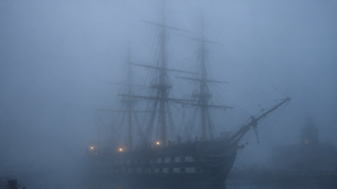Tall ship with rigged masts silhouetted in thick fog, lights glowing on deck