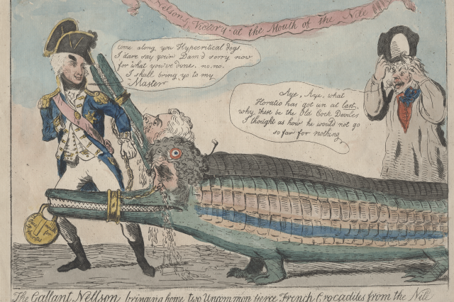Vice Admiral Lord Nelson dragging a crocodile representing France. 