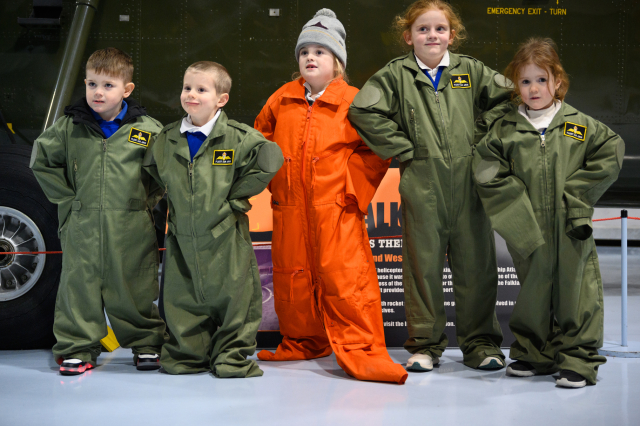 School children dressed up as naval aviation crew at the Fleet Air Museum.