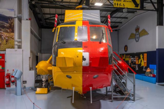 A rescue helicopter with high contrast colours.  