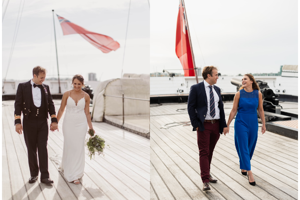 Ben and Chloe recreating their favorite wedding picture strolling across HMS Warrior's top deck. 