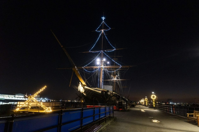 Christmas lights on rigging of HMS Warrior