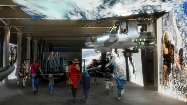 Artist rendering of ground floor of Royal Marine Museum featuring a Lynx Helicopter. 