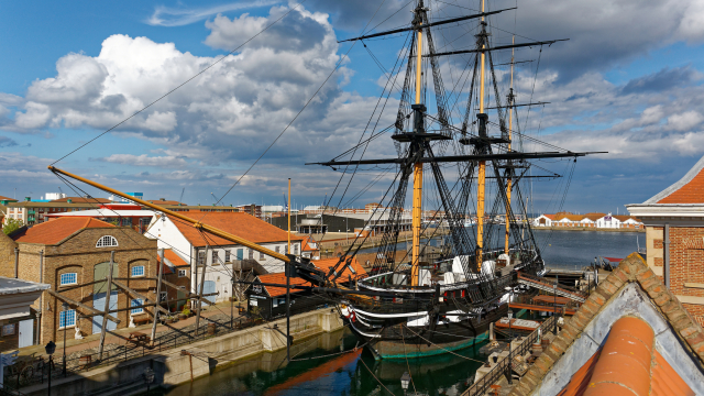 HMS Trincomalee at dock in the centre of our replica Georgian Quayside. 
