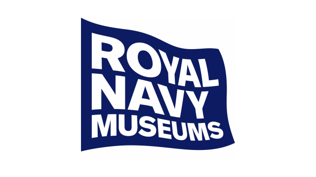 Royal Navy Museums logo, a navy blue flag shape with white text