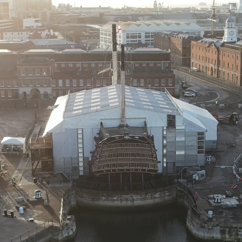 A drone shot of HMS Victory in dry dock at Portsmouth Historic Dockyard
