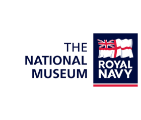 Logo of the National Museum of the Royal Navy. A white ensign on top of a blue background. 
