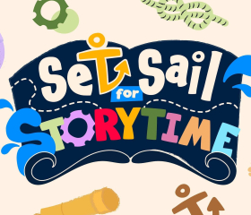 "Set Sail for Storytime" illustrated banner with a cartoon pirate captain, a mouse, and nautical icons including a compass, anchor, telescope, and globe on a cream background.
