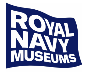 Royal Navy Museums logo, a navy blue flag shape with white text