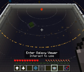 Minecraft Education screenshot of an in-game 'Galaxy Viewer' with orbiting planets and control tips