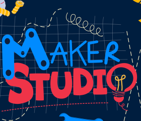 Maker Studio’ graphic in blue and red lettering, surrounded by illustrated tools, an anchor and a lightbulb