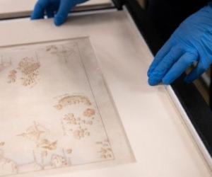 A conservationist examining one of the Armada Maps. 