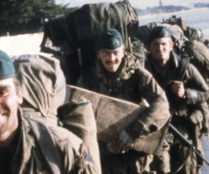 A group of Royal Marines landing on the Falklands. 