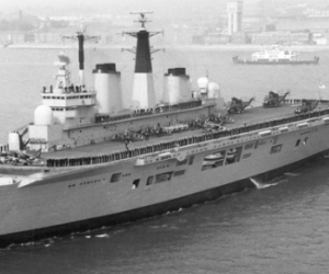 A Royal Naval ship setting sail for the Falklands. 