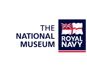 Logo of the National Museum of the Royal Navy. A white ensign on top of a blue background. 