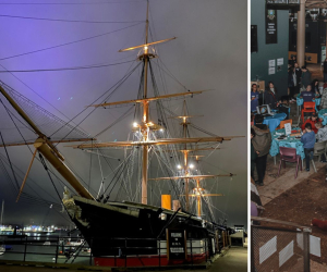 HMS Warrior and Action Stations during the stargazing event at Portsmouth Historic Dockyard.