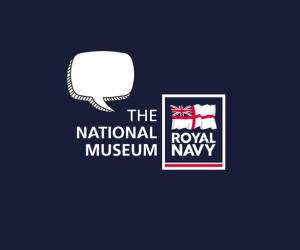 The National Museum of the Royal Navy logo against a dark blue background with a white speech bubble. 