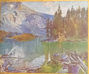 Hand-drawn picture of a lake next to a forest with a mountain in the background. 