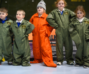 School children dressed up as naval aviation crew at the Fleet Air Museum.