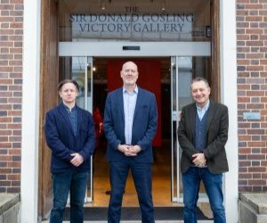Matthew Sheldon and representatives of the University of Portsmouth stand outside the Victory Gallery