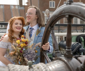 Wedding couple on HMS Trincomalee.