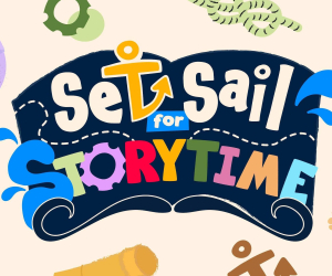 "Set Sail for Storytime" illustrated banner with a cartoon pirate captain, a mouse, and nautical icons including a compass, anchor, telescope, and globe on a cream background.